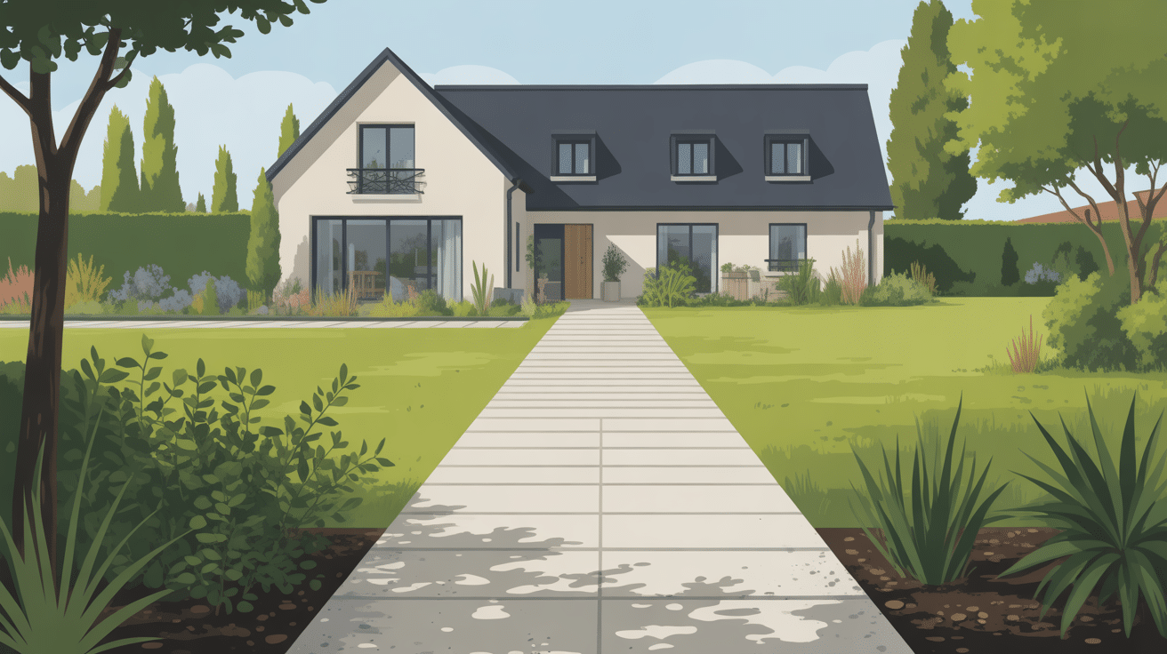 Vue allée carrossable gravier sans stabilisateur paysagée