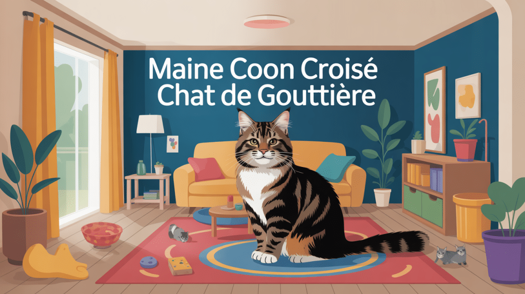 maine coon croisé chat de gouttière dans une maison ambiance chaleureuse