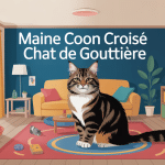 maine coon croisé chat de gouttière dans une maison ambiance chaleureuse
