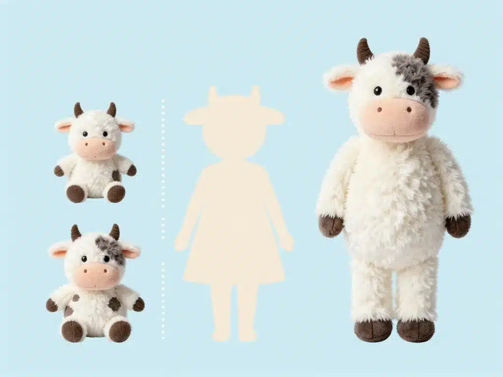 Comparaison tailles vache fluffy pour bébé enfant adulte