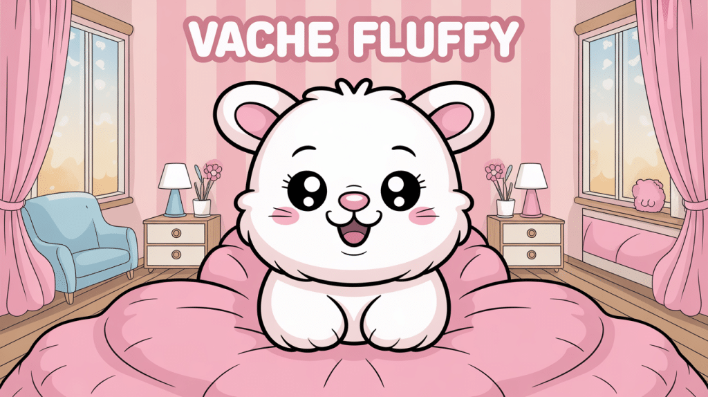 Illustration vache fluffy souriante et coussins pastel