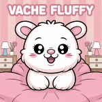 Illustration vache fluffy souriante et coussins pastel