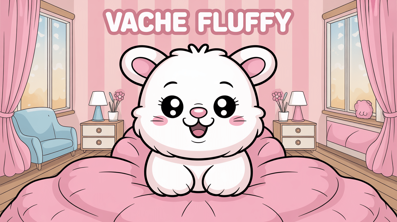 Illustration vache fluffy souriante et coussins pastel