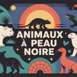 Illustration centrale animal à peau noire ours polaire poule Ayam Cemani lézard