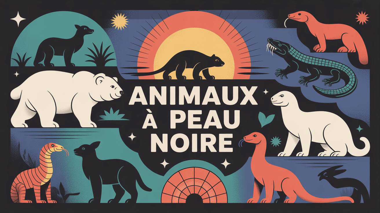 Illustration centrale animal à peau noire ours polaire poule Ayam Cemani lézard