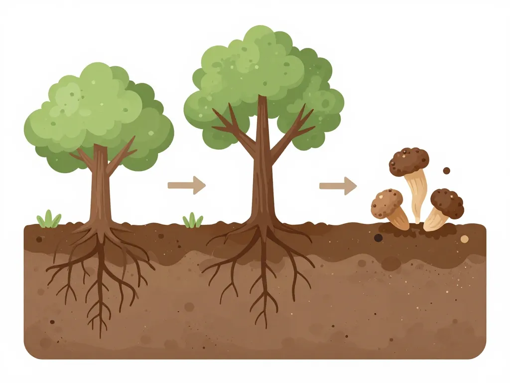 Chêne truffier combien de temps schéma croissance, racines, truffes