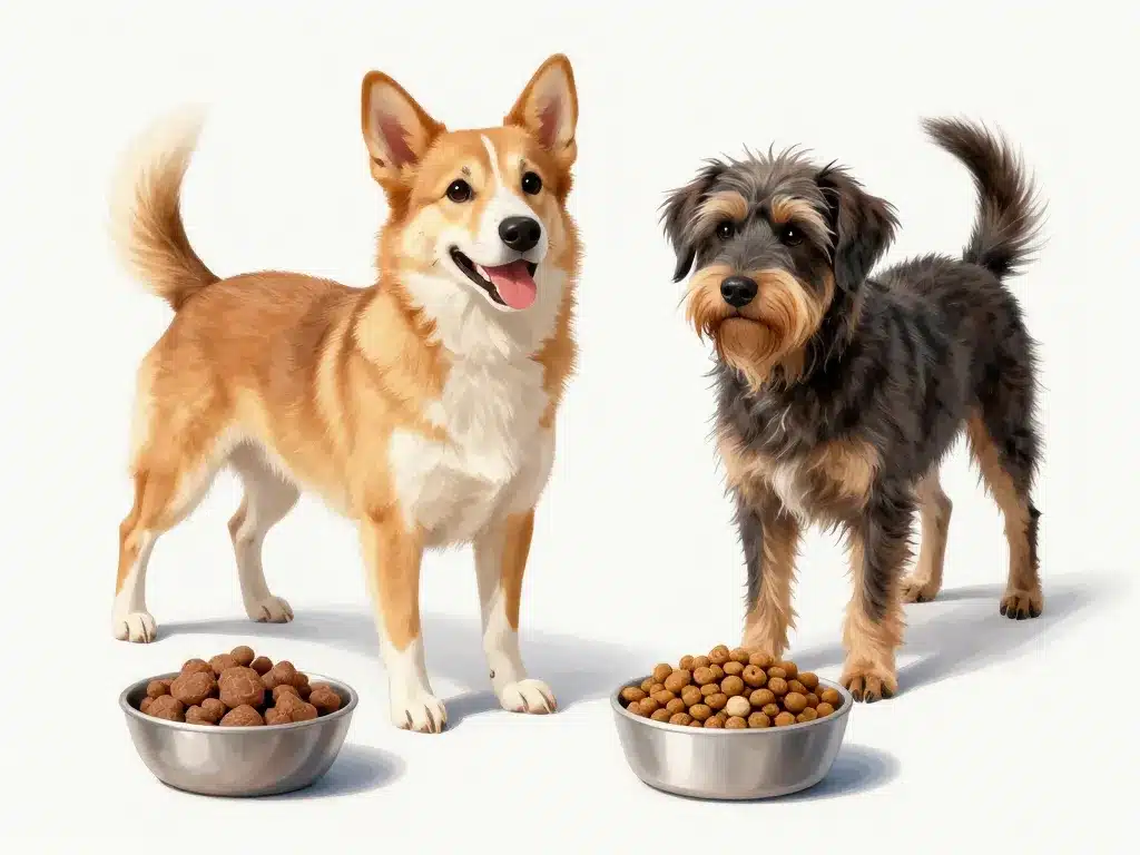 croquette chien à éviter, comparaison visuelle chien sain et croquettes mauvaises