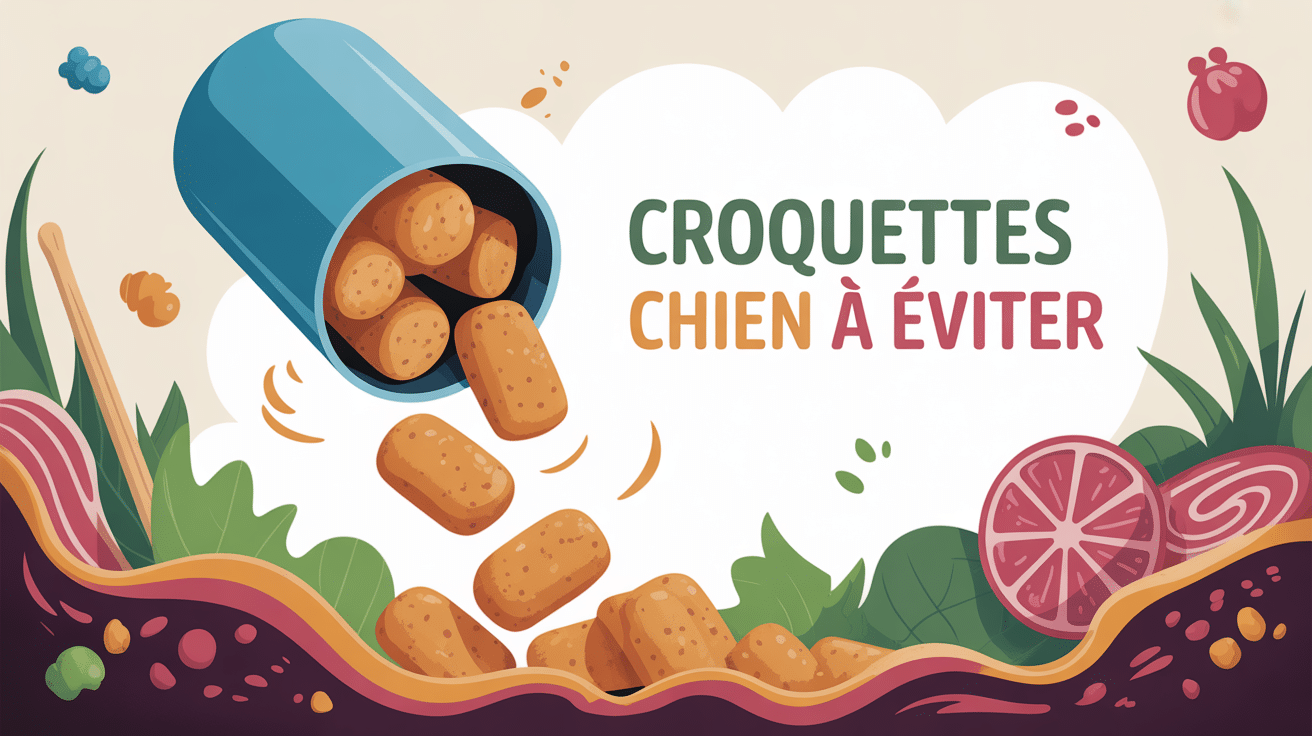 croquette chien à éviter, illustration gamelle et croquettes douteuses