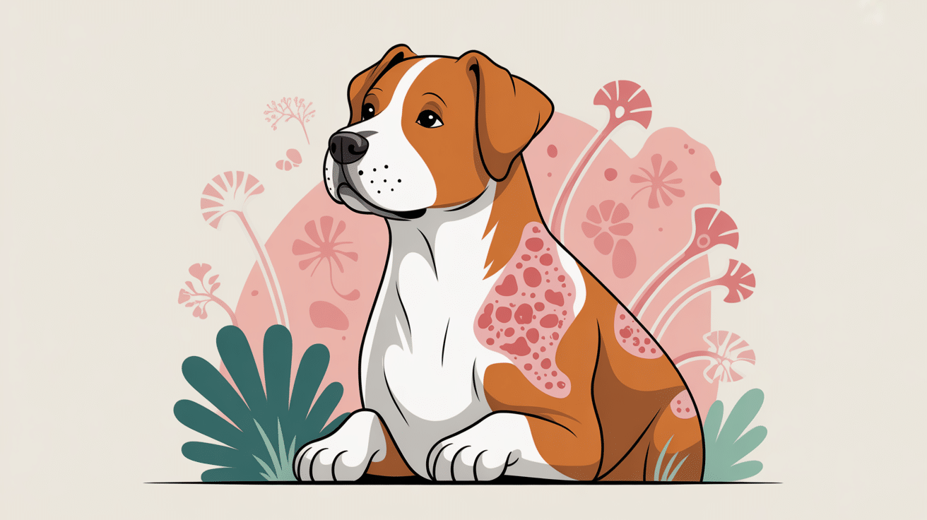 Psoriasis chien : chien avec plaques rouges et squames, style rassurant