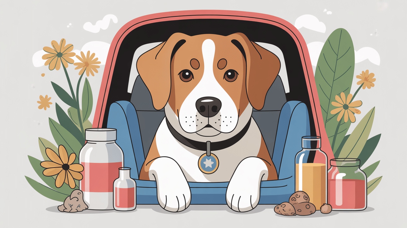 Remède de grand-mère pour chien malade en voiture, illustration vectorielle douce
