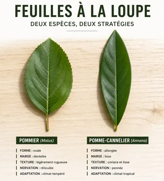 Comparaison visuelle entre une feuille de pommier et une feuille de pomme-cannelier pour identification botanique
