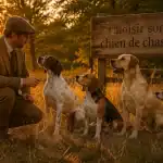 quatre chiens de chasse avec chasseur en clairière