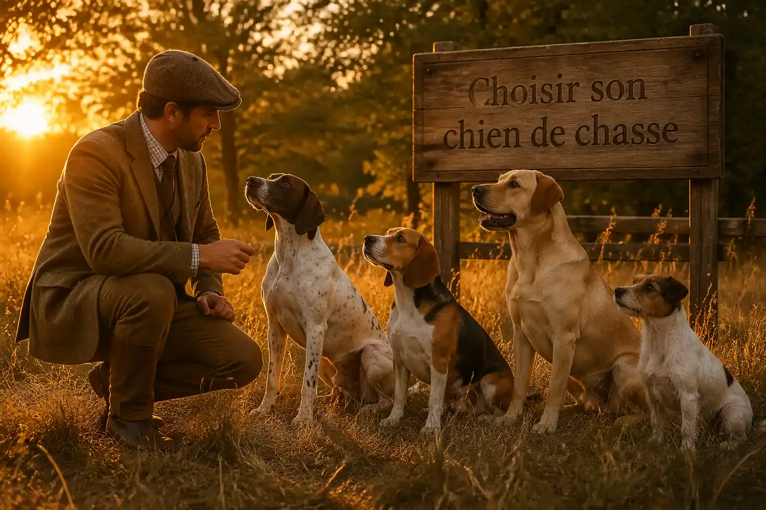 quatre chiens de chasse avec chasseur en clairière