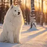 samoyède assis sur neige en forêt