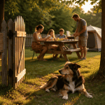 Camping avec emplacement clôturé pour chien, chien détendu et famille