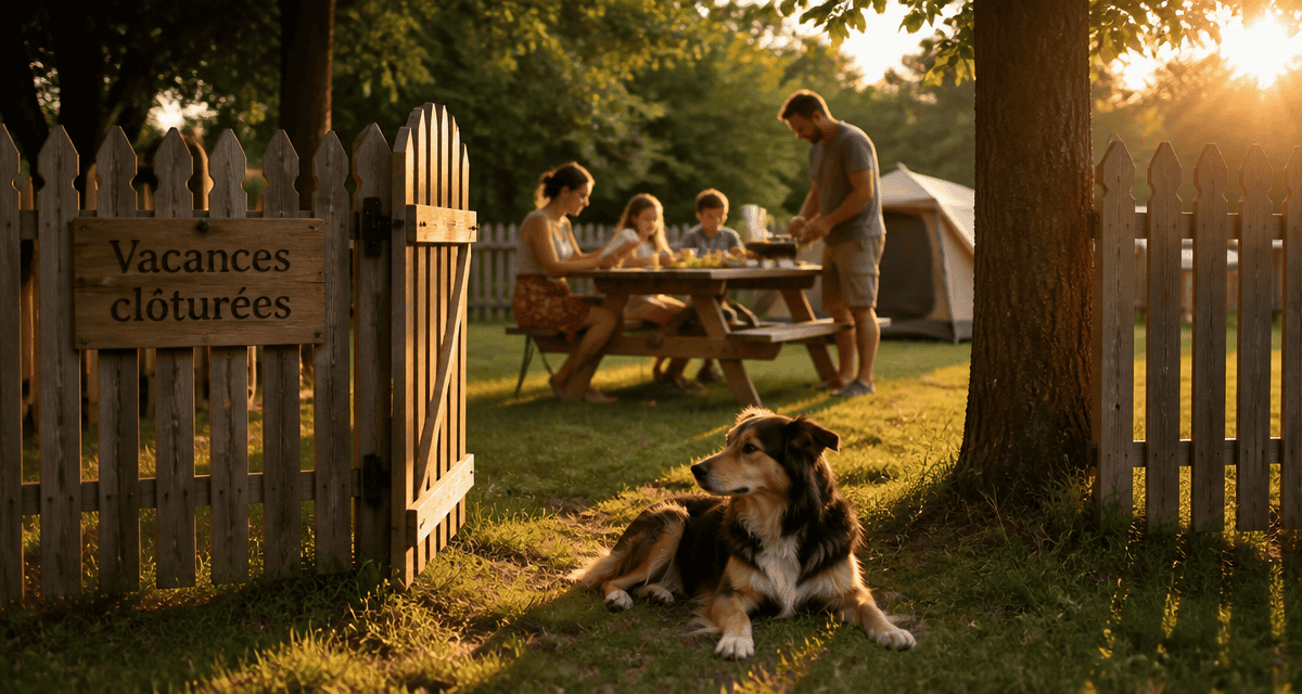 Camping avec emplacement clôturé pour chien, chien détendu et famille
