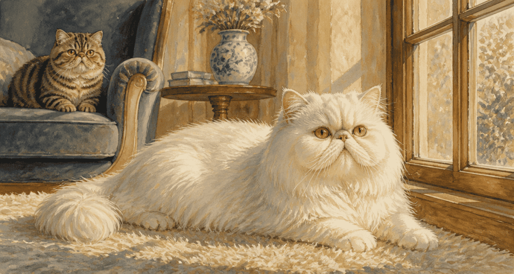 chat nez écrasé persan et exotic shorthair dans salon