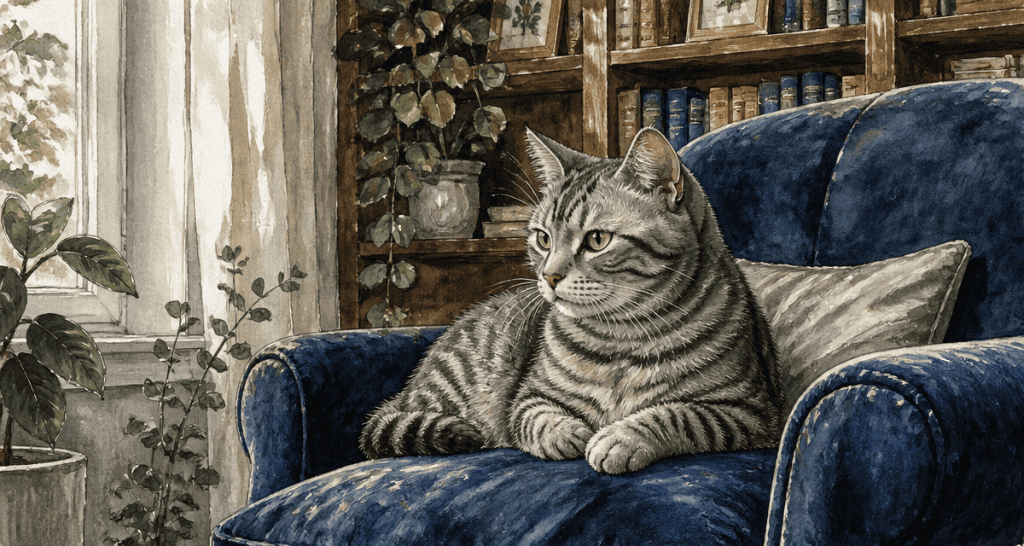 Chats gris tigrés sur fauteuil bleu