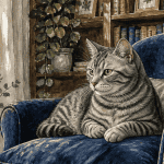 Chats gris tigrés sur fauteuil bleu