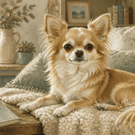 chihuahua a poile long sur plaid salon