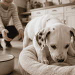 chiot dalmatien blanc avec taches dans cuisine