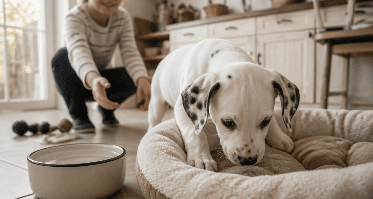 chiot dalmatien blanc avec taches dans cuisine