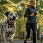 Dalmatien caractère court avec joggeuse au parc
