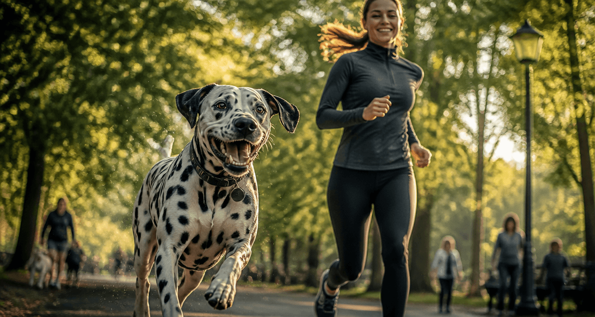Dalmatien caractère court avec joggeuse au parc