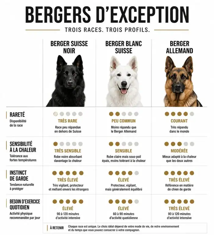 Infographie comparative des races de chiens : Berger Suisse Noir, Berger Blanc Suisse et Berger Allemand
