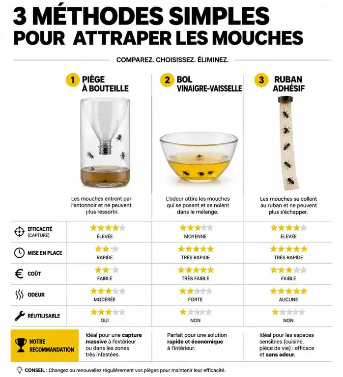 Infographie comparative des méthodes pour attraper les mouches naturellement à la maison