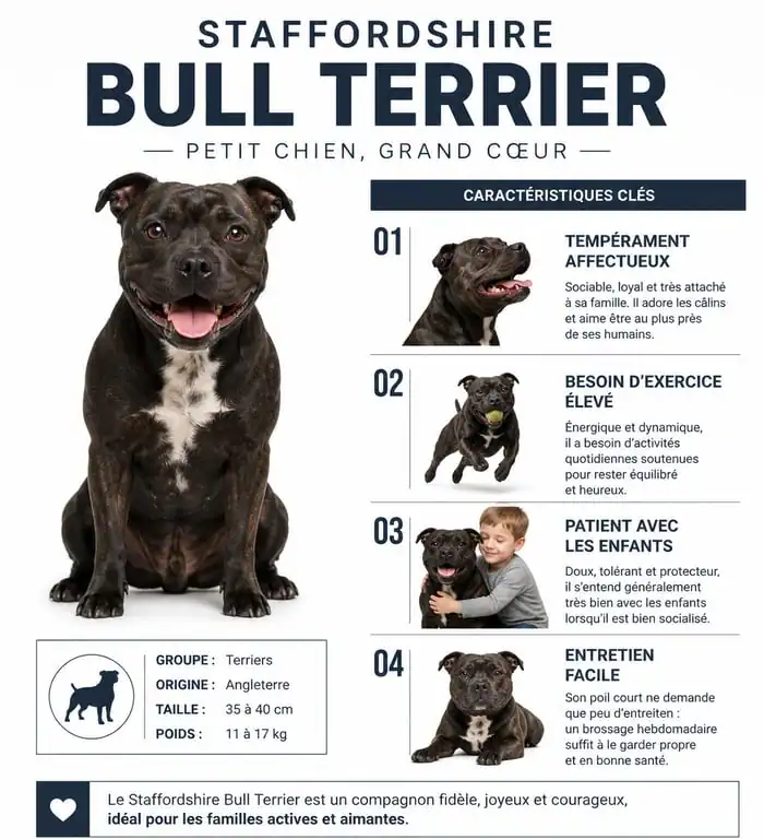 Infographie des caractéristiques et du caractère du Staffordshire Bull Terrier
