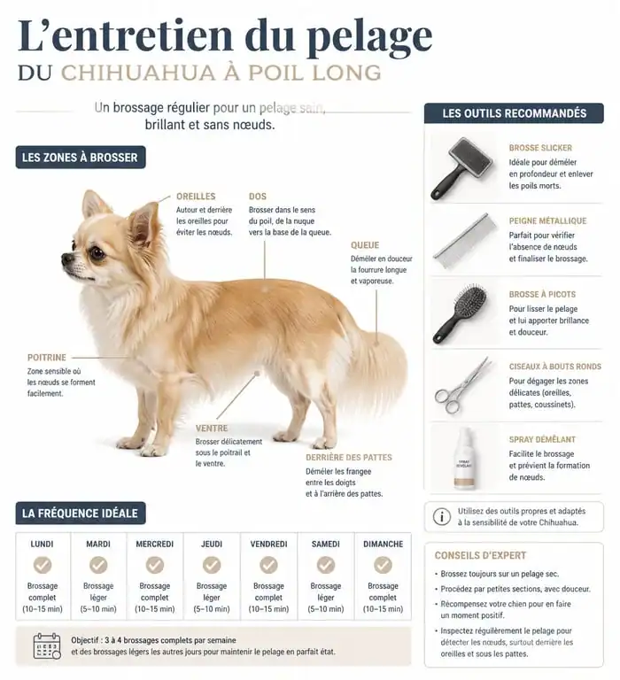 Infographie sur l'entretien et le brossage du chihuahua à poil long