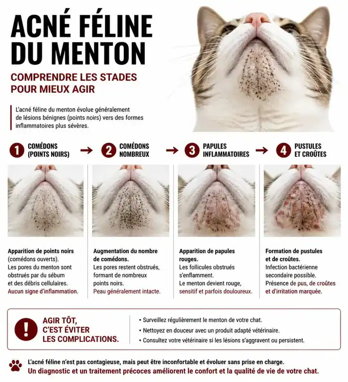 Infographie expliquant les symptômes et les stades de l'acné du chat sur le menton