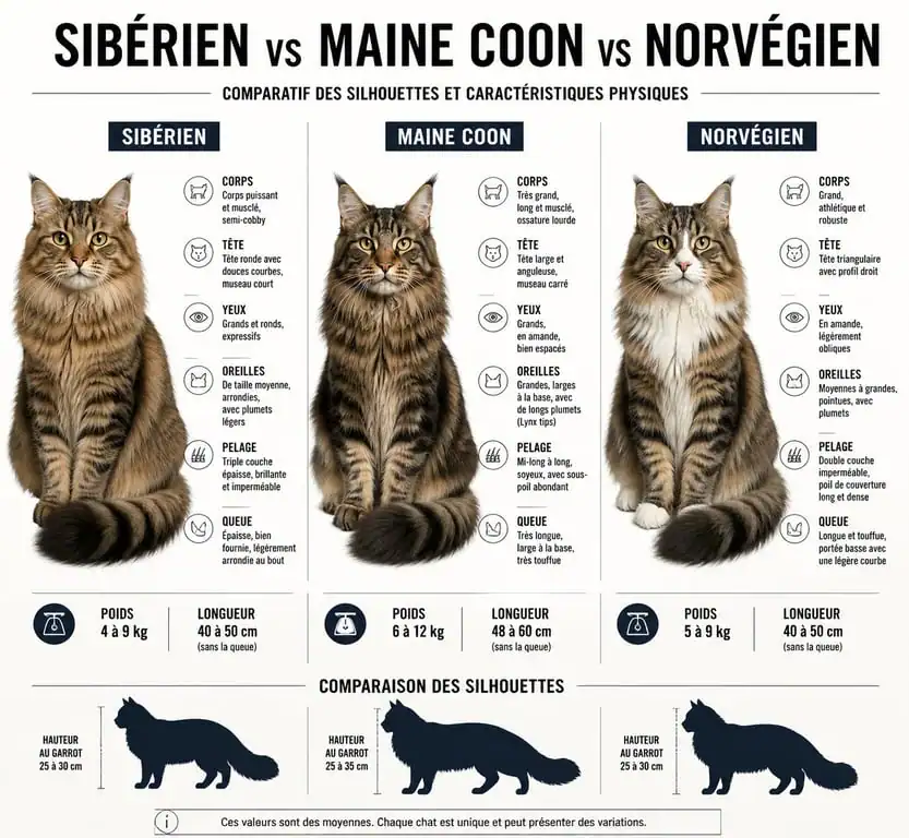 Comparaison morphologique entre le chat Sibérien, le Maine Coon et le Norvégien