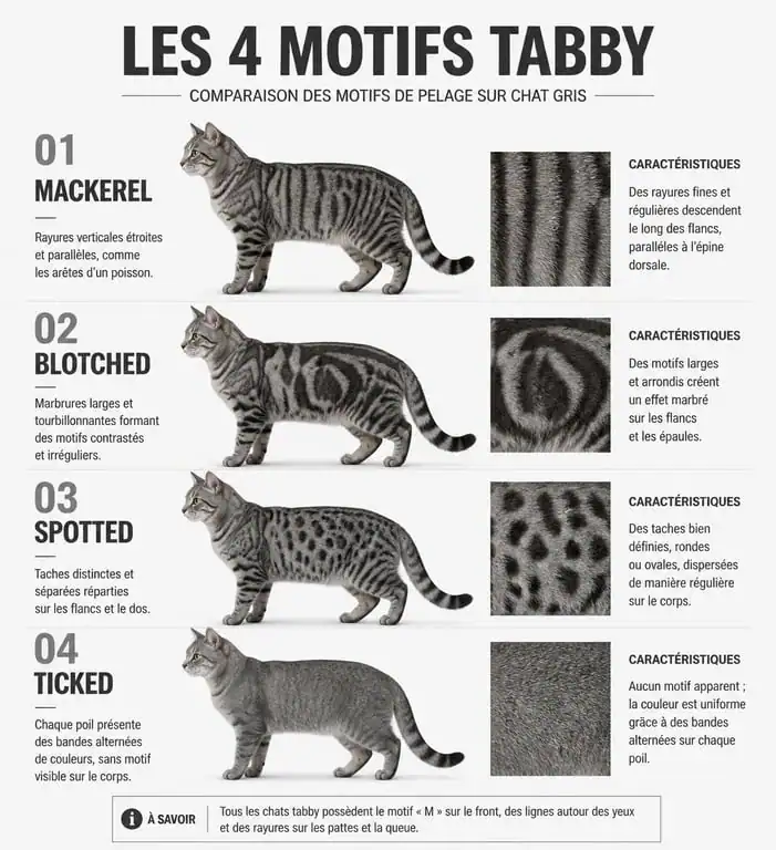 Comparatif des quatre motifs de pelage tabby chez le chat gris tigré