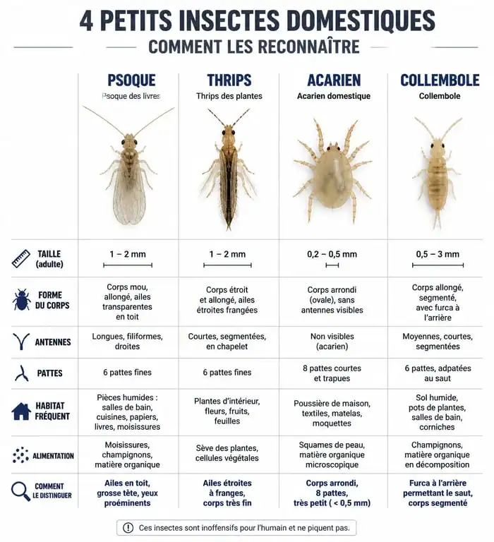 Infographie comparative pour l'identification d'un petit insecte noir de 1mm dans la maison