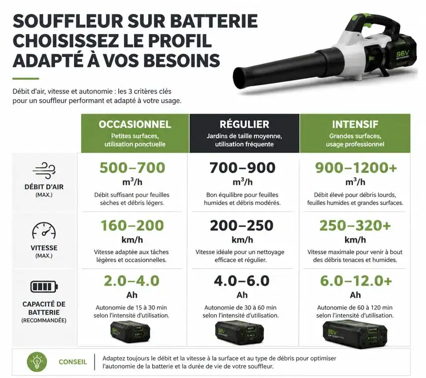 Comparatif des critères de choix pour le meilleur souffleur sur batterie selon l'usage