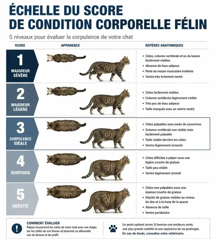 Infographie du score de condition corporelle félin pour évaluer le poids idéal du chat