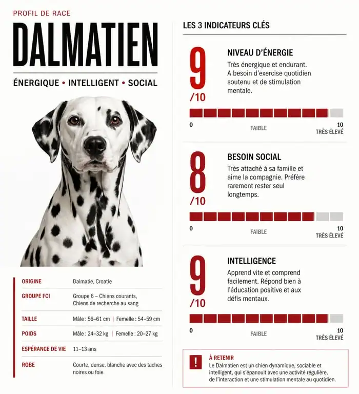 Infographie du caractère du Dalmatien : besoins en énergie, sociabilité et éducation