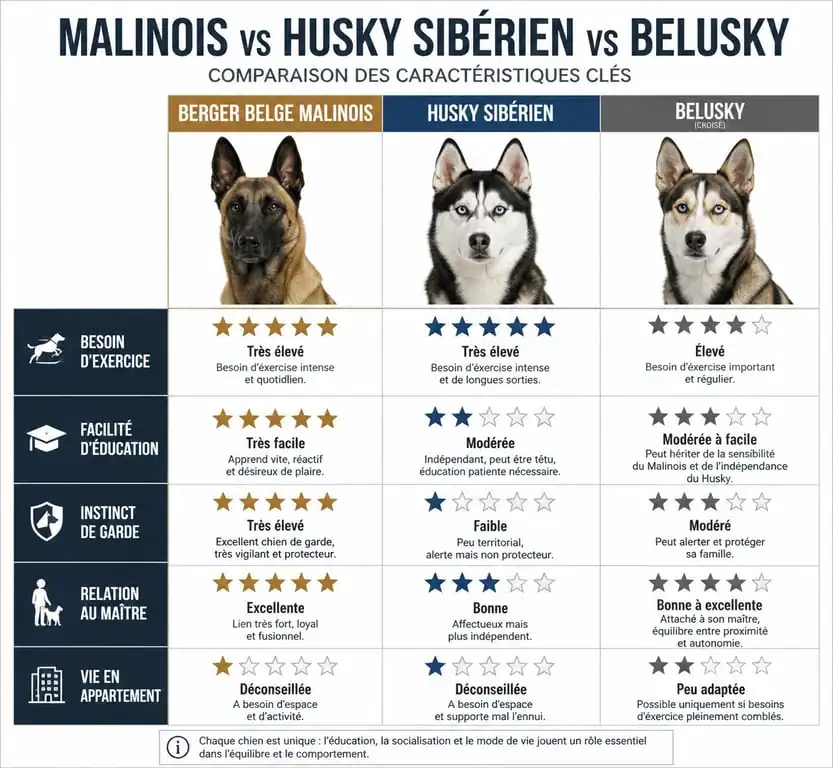 Tableau comparatif des caractéristiques entre Malinois, Husky et Belusky