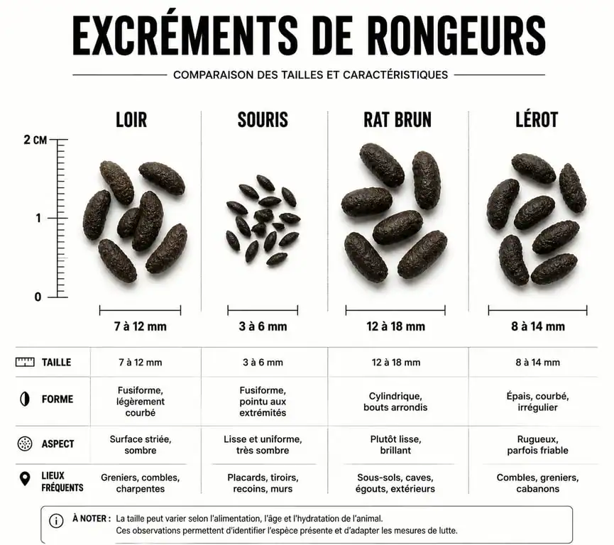 Comparatif visuel des crottes de loir, souris, rat et lérot pour identification