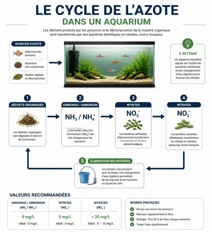 Schéma explicatif du cycle de l'azote dans un aquarium pour petit poisson
