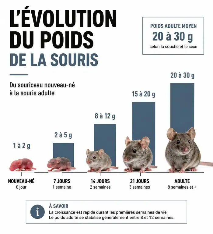 Infographie montrant l'évolution du poids d'une souris selon son stade de vie