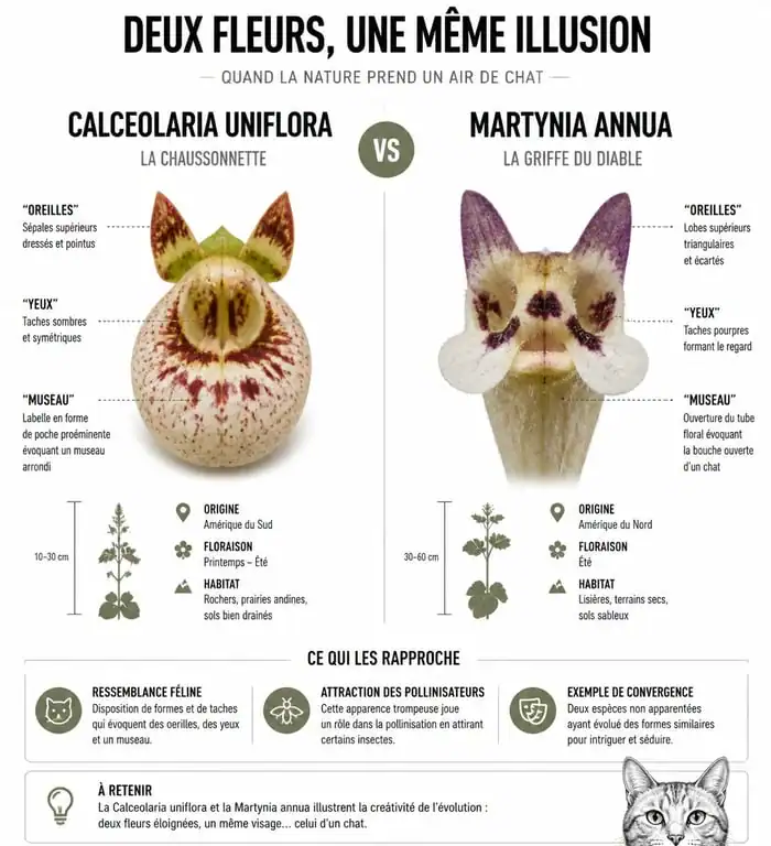 Comparaison visuelle entre la fleur Calceolaria uniflora et le fruit de la Martynia annua en forme de chat