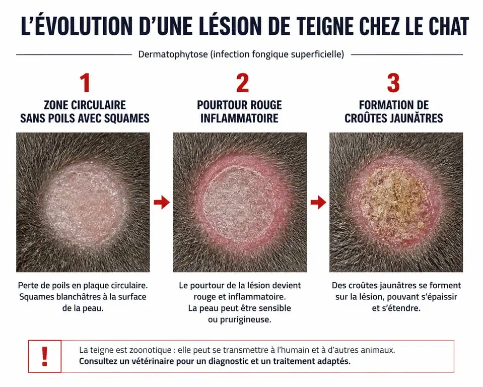 Schéma illustrant les symptômes et l'évolution d'une lésion de teigne chez le chat