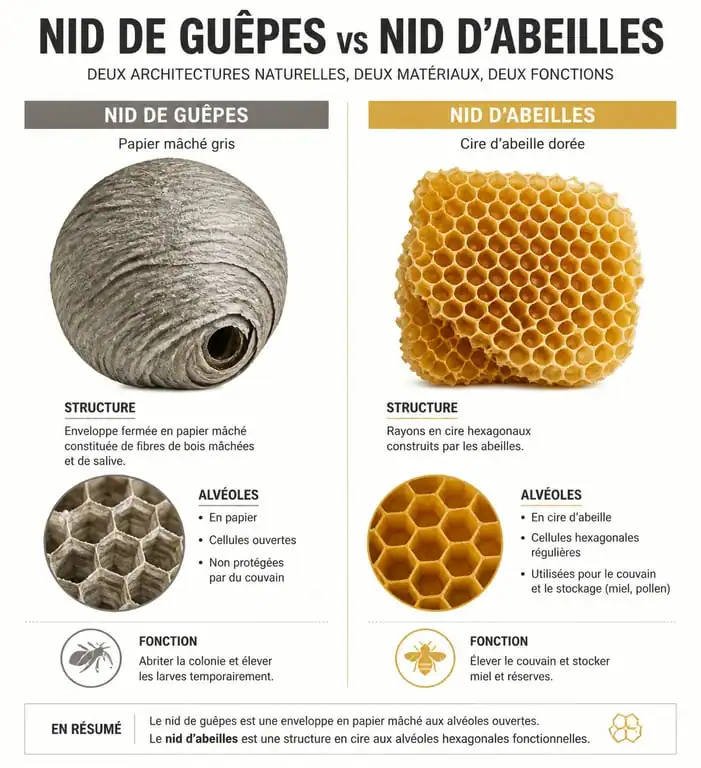Infographie comparative : nid de guêpes vs nid d'abeilles pour identification