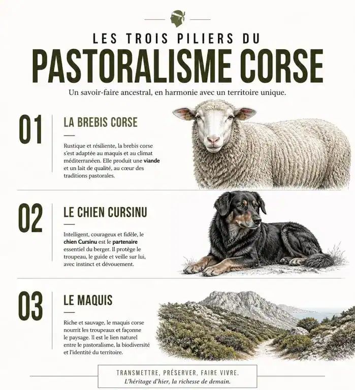 Infographie sur les piliers du métier de berger corse et l'écosystème pastoral