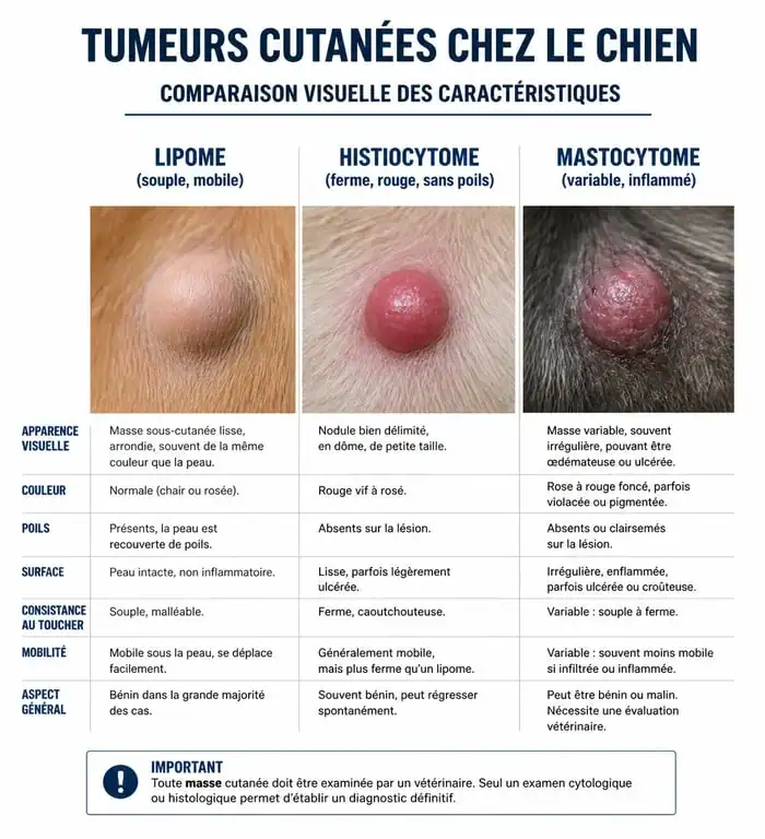 Infographie comparative des types de tumeurs chez le chien : caractéristiques visuelles et consistance