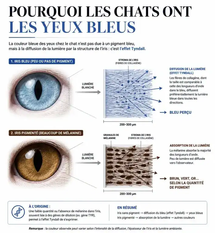 Infographie expliquant le mécanisme biologique des yeux bleus chez le chat et l'effet Tyndall