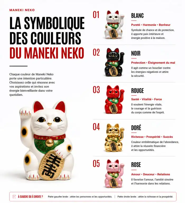 Infographie de la signification des couleurs du chat porte-bonheur Maneki Neko